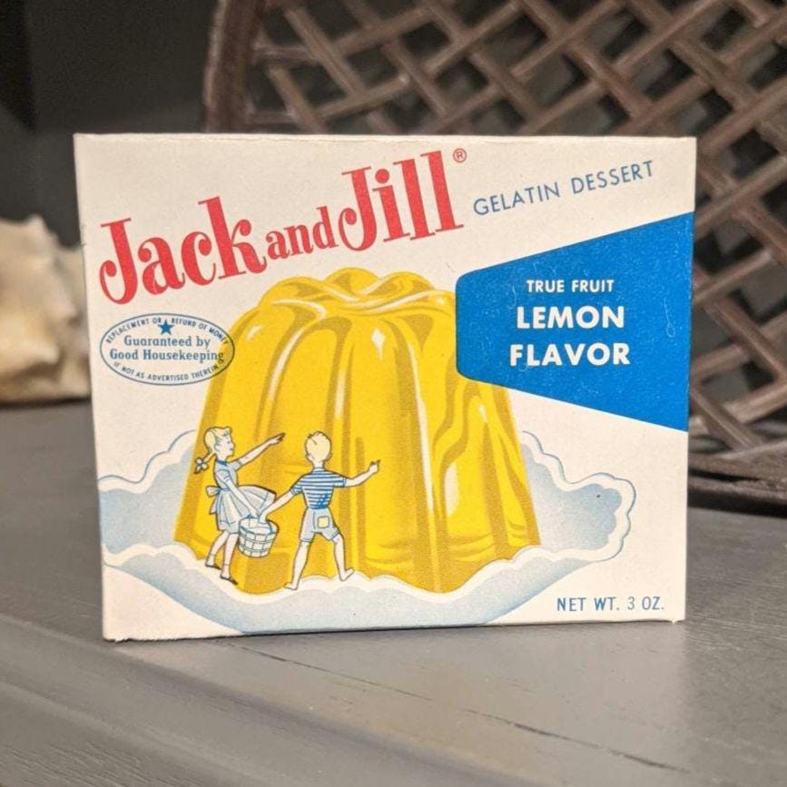 1960S/70S Jack & Jill Gelatin Box Old & Original Kitchen Country Store Decor, Junior Food Products, Tyrone, Pennsylvania Empty Box