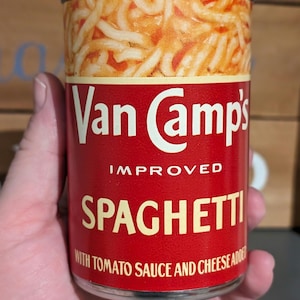 1950&#39;s Van Camp&#39;s Spaghetti can label on can -  Original Vintage - Stokley-Van Camp Inc. Indianapolis