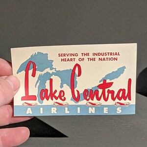 Mod Lake Central Airlines anni '60 - Etichetta gommata Great Lakes - Vecchia e originale - Adesivo vintage da viaggio o valigia