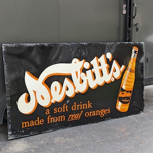Large 1955 Nesbitt's Orange Soda Single Sided Metal Sign 4' x 8' Old & Original - Original Metal Sign
