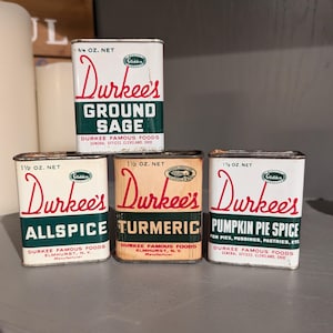 1950s Old & Original Durkee Spice Seasoning Metal Spice Tin Glidden CHOICE Sage, Allspice, Pumpkin Pie, Tumeric