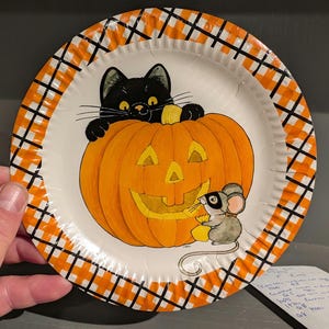Ancienne assiette en carton citrouille chat noir souris Halloween des années 1980 - ancienne - assiette originale de 7 po.