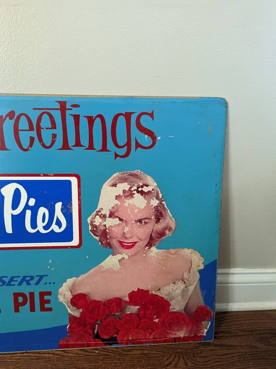 Original 1950's Bluebird Pies Sign - Holiday Greetings Sign- Old
