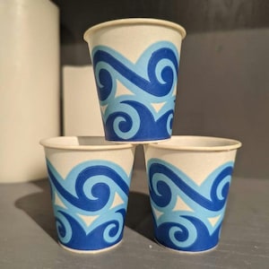 LOT OF 3: 1970&#39;s Blue Wave Design Sweetheart Dixie Cup -  Waxed Paper Cup Cup -  - Old & Original Theatre or Drive In -  3 ounce