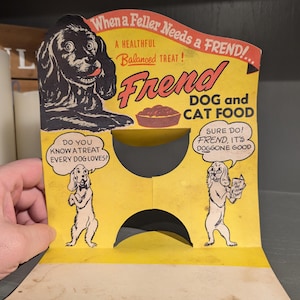 Enseigne d'exposition de nourriture pour chiens et chats des années 40 - Présentoir en carton pour boîtes de conserve - Ancienne et originale