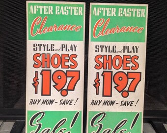 Large, Original 1940's After Easter Clearance Style and Play Shoes 1.97  Sale store price sign vintage sign