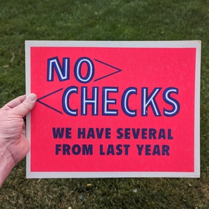 Original 1970s 1980s  No Checks Cardboard Sign Vintage Sign - Thick Cardstock