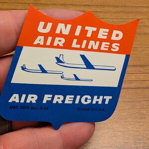 Etichetta gommata per trasporto aereo United Airlines anni '50 1954 - Vecchia e originale - Decalcomania vintage per viaggio o valigia