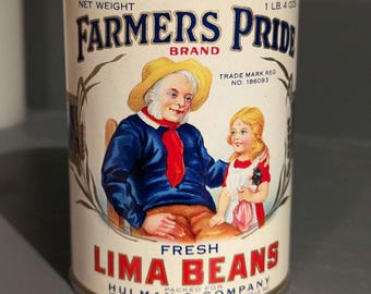 1920er Jahre Farmers Pride Limabohnen Dosenetikett auf Dose Original Vintage - Terra Haute, Indiana Hulman & Company