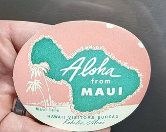 1950's Aloha from Maui Hawaii- Old & Original -  Gummed Vintage Travel or Suitcase Decal Hawaii Visitors Bureau Kahului