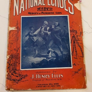1910s 20s National Echoes March - Medley of Patriotic Hymn Military Music Booklet, Old & Original -