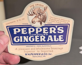 Etiqueta de botella de refresco de jengibre Peppers de la década de 1920 con alce (en estado original, sin usar) - Ashland, Pensilvania