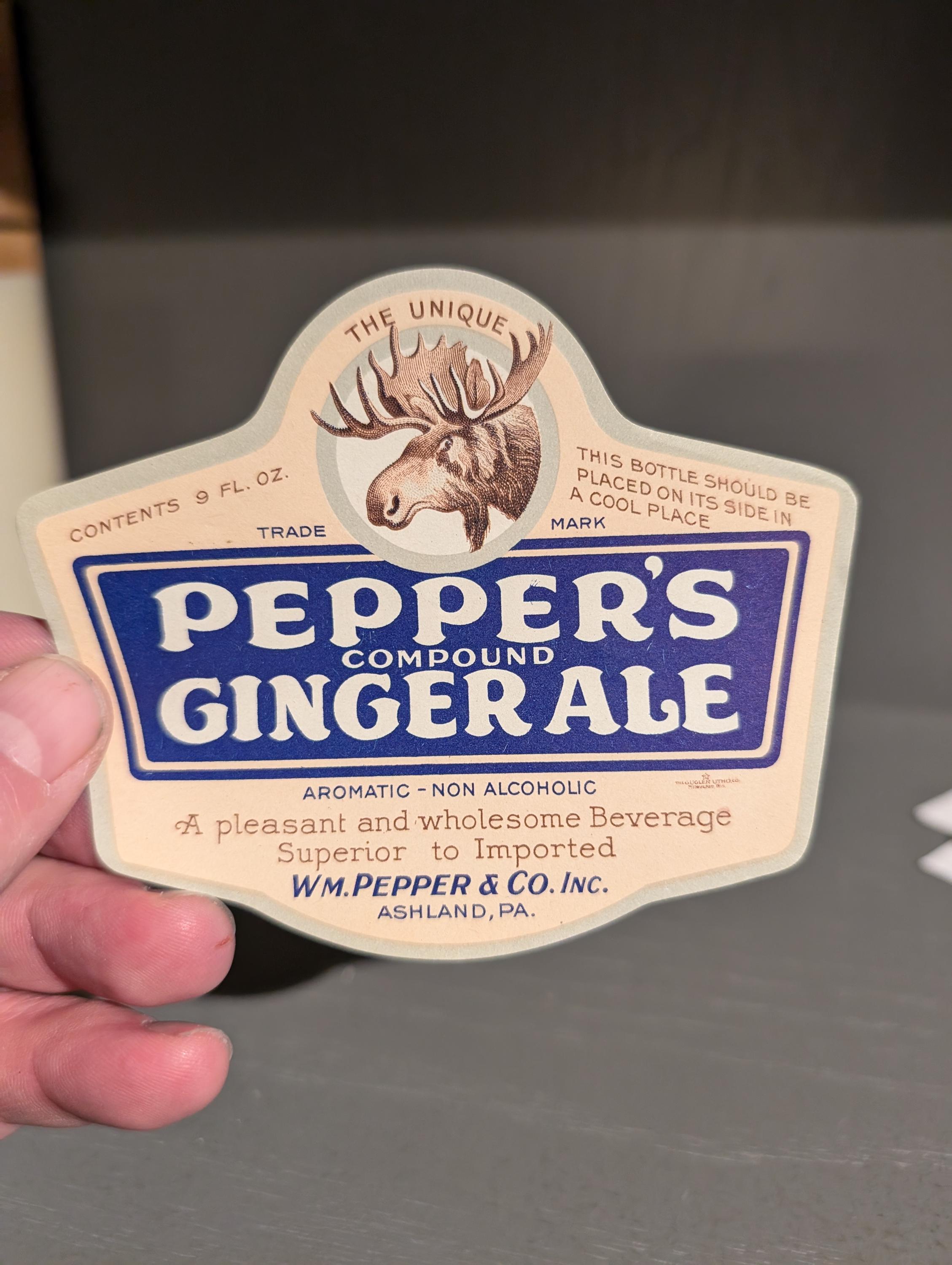1920s Peppers Ginger Ale Soda Bottle Label With Moose - Old