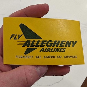 Etichetta gommata Allegheny American Airlines anni '50 - Giallo, vecchio e originale - Adesivo vintage da viaggio o valigia