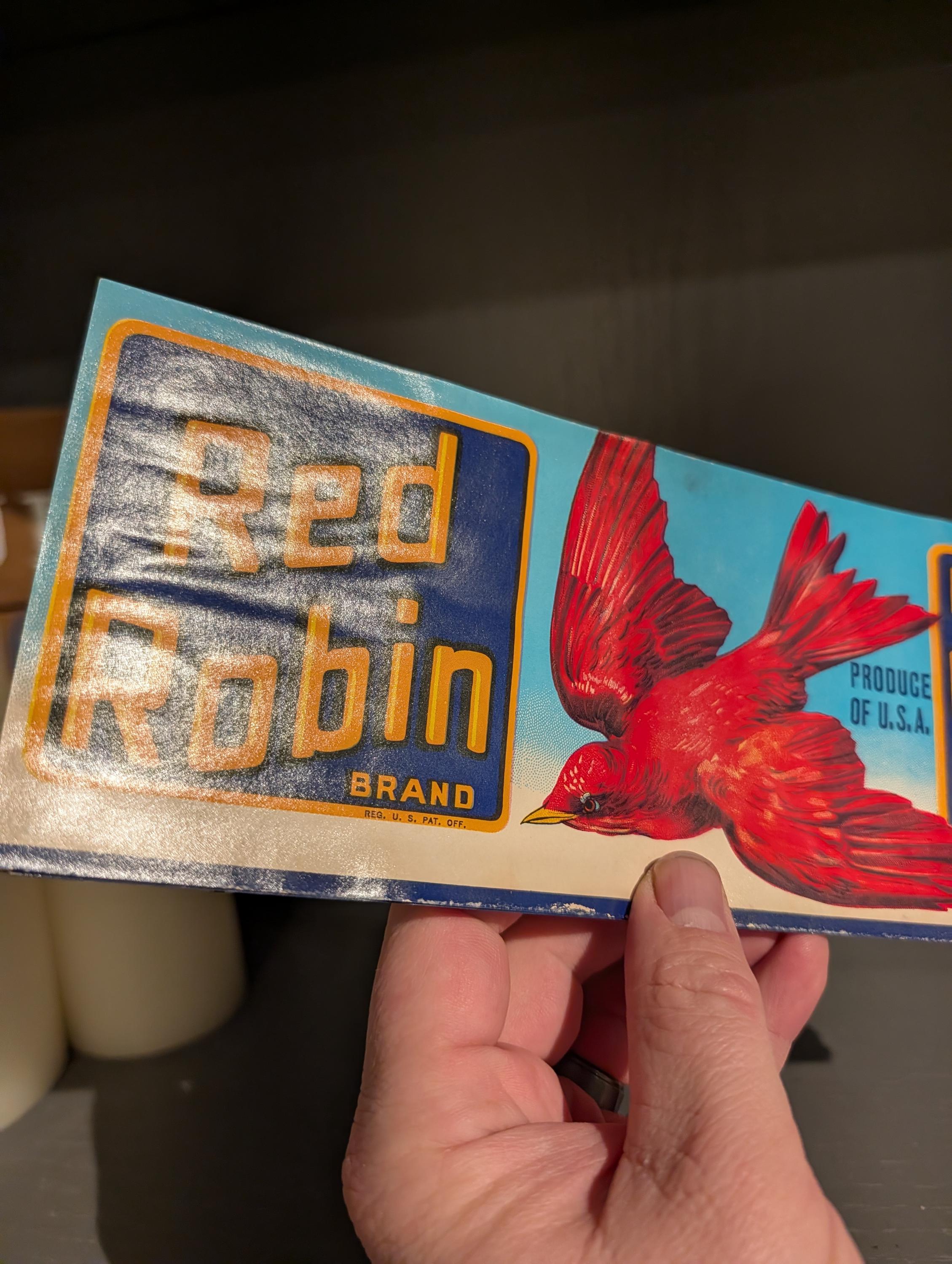 Original 1940's Red Robin Produce Crate Label - Old & Original - LR ...