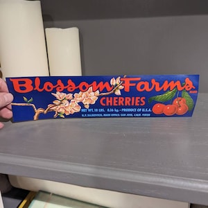 1970&#39;s Blossom Farm&#39;s Cherries Fruit Crate Label - Old & Original - San Jose, CA