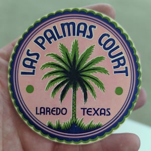Etichetta gommata del Las Palmas Court Motor Hotel Laredo, Texas degli anni '40 - Vecchia e originale - Decalcomania vintage da viaggio o valigia