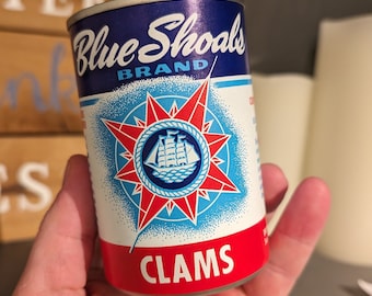 Vintage 1960s 70s  Blue Shoals Clams old can label on can - Chamcook Canada