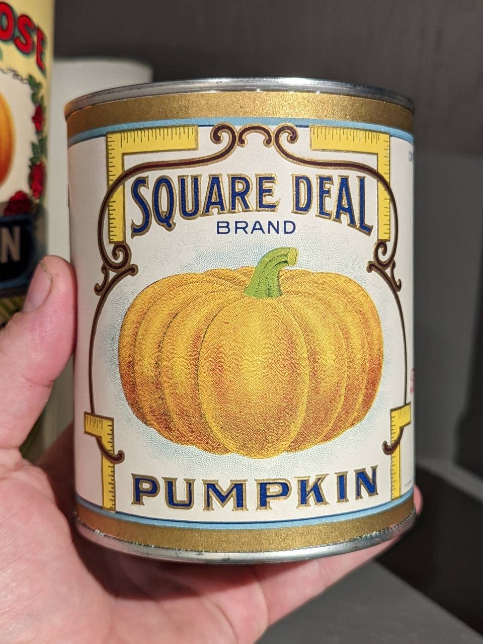 1920's Square Deal Pumpkin Pie Filling Can Label On Original Vintage Utica, New York