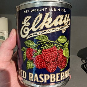 1920&#39;s Elkay Red Raspberries can label on can Original Vintage