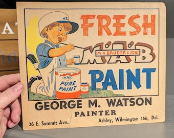 Original 1940s MAB Bruder & Son WET PAINT Cardboard Sign - Vintage
