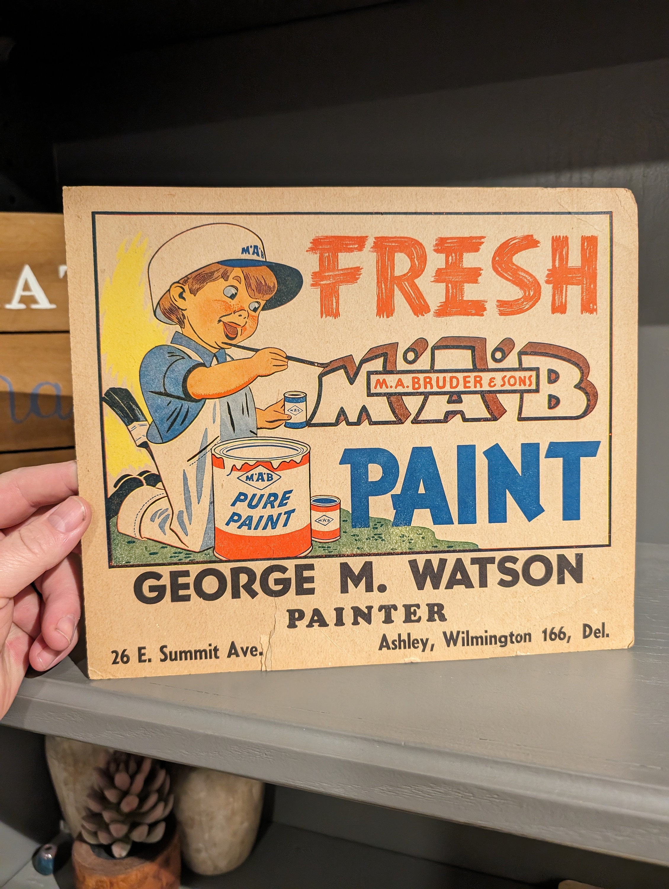 Original 1940s MAB Bruder & Son WET PAINT Cardboard Sign - Vintage