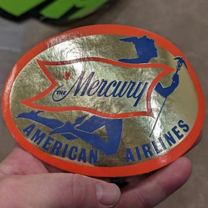 Etichetta gommata americana The Mercury Airlines degli anni '50 - Vecchia e originale - Adesivo vintage da viaggio o valigia