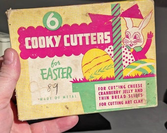 1960s Easter Cookie Cutters with some of the metal cookie cutters. Vintage Holiday themes with 4 cutters