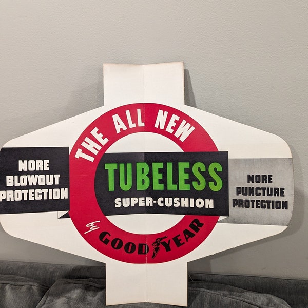 Original 1950's Goodyear All New Tubeless Tire Insert Sign Vintage Gas Station Sign - 1954  - Goodyear Tires Sign
