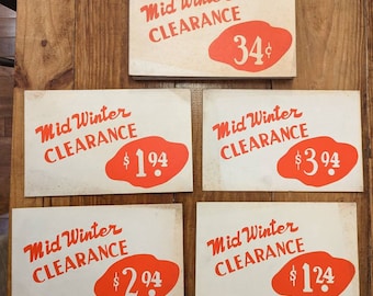 Original 1940's Mid Winter Clearance 34 cents store price sign vintage sign