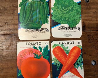 1970s Lot of 4 Old & Original Seed Packets  Tomato, Lettuce, Carrots, and Cucumber Pickles Lone Star Seed