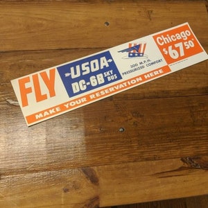 1950&#39;s Fly USOA DC-6B Sky Bus to Chicago Poster Vintage Airlines Travel NOS
