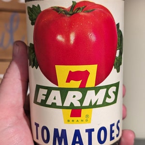 Vintage 1950s 60s 7 Farms Tomatoes can Food can label on can - MCM Chicago, Illinois