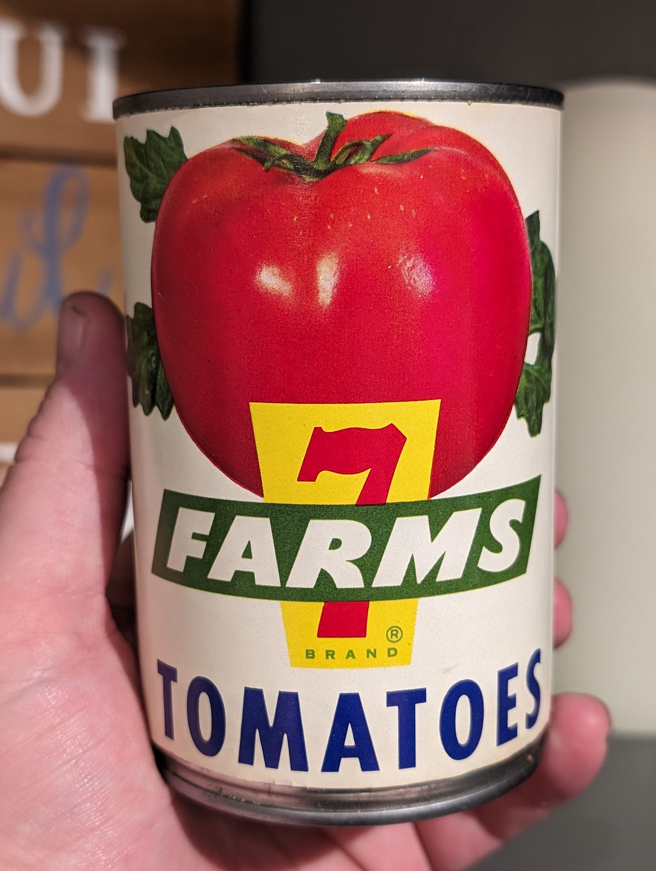 Vintage 1950s 60s 7 Farms Tomatoes Can Food Can Label on Can - MCM