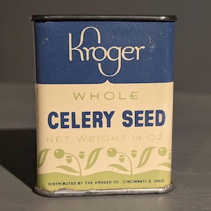 1950er Jahre Old & Original Kroger gemahlener Celery Seed Gewürz-Gewürzdose aus Metall