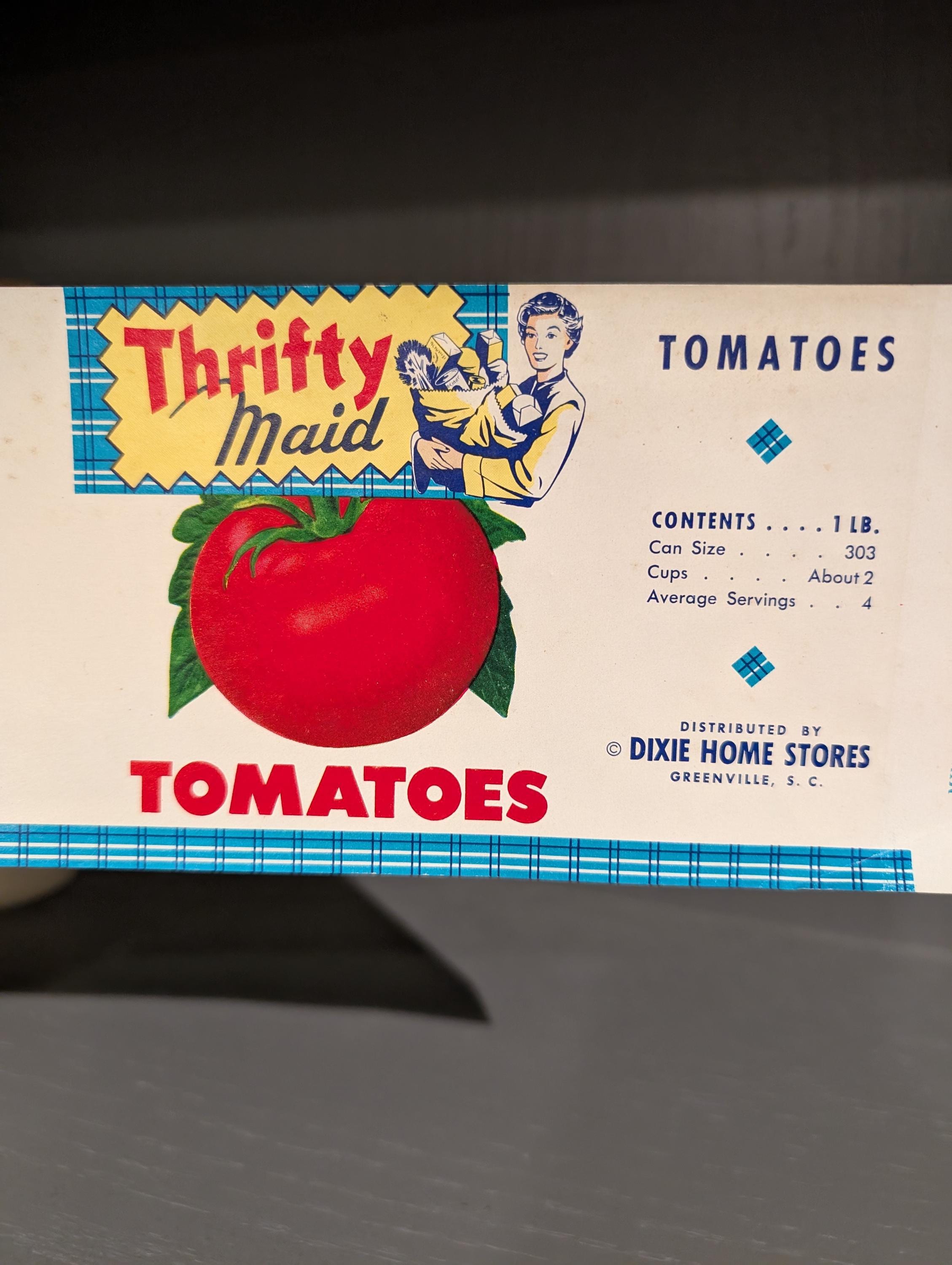 Vintage 1960s Thrifty Maid Tomatoes Can Food Can Label on Can