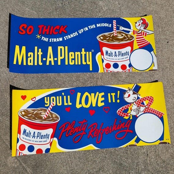 1960's Malt-a-plenty Ice Cream Poster Sign - Old Soda Fountain
