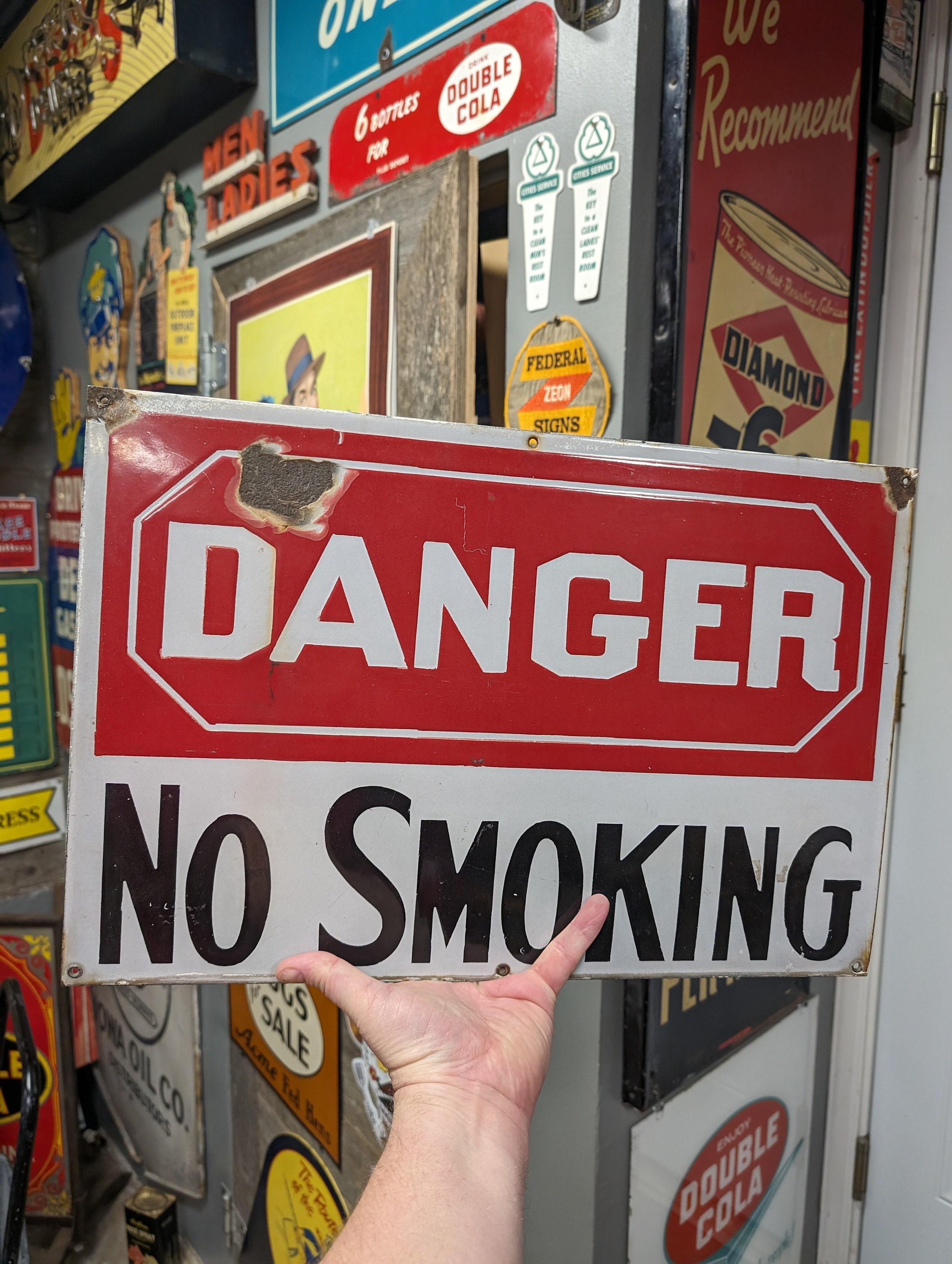 Original 1930's Danger No Smoking Vintage Porcelain Sign - Old