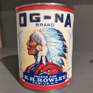 1920&#39;s OG-NA Sweet Corn can label on can Original Vintage, Rowley, Fabius, New York