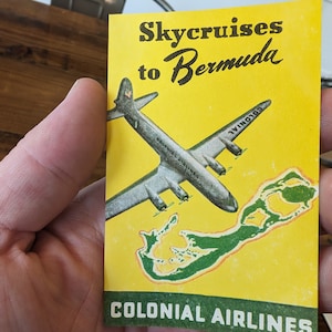 Colonial Airlines degli anni '50 - Etichetta gommata dagli incrociatori Sky per le Bermuda - Vecchio e originale - Decalcomania da viaggio o valigia vintage