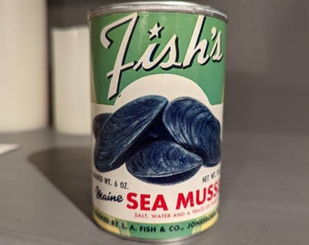 1940er/50er Jahre Fish's Maine Sea Miesmuscheln altes Dosenetikett auf Dose - L.A. Fish & Co, Jonesboro, Maine