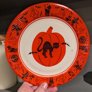 Assiette en carton pour Halloween, chats noirs des années 40, 50, assiette en papier vintage de Jack o Lantern, salutations originales, 23 cm