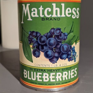 1940's Matchless Blueberry Pie Maine Blueberries Pie Filling can label on can Original Vintage Boston, Mass