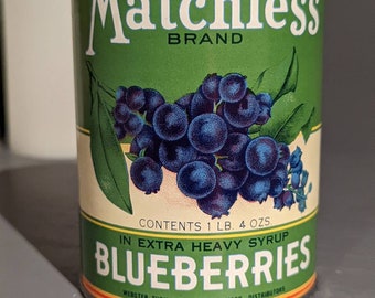 1940's Matchless Blueberry Pie Maine Blueberries Pie Filling can label on can Original Vintage Boston, Mass