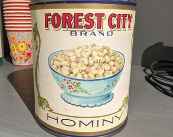1940's Forest City Hominy Vegetable  can label on can Original Allen Bros., Omaha, Nebraska