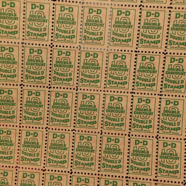 Sheet of 100 Original 1950's 60's Double D Stamps Trading Stamps - Vintage Gas Station or Grocery Store Discount Stamps