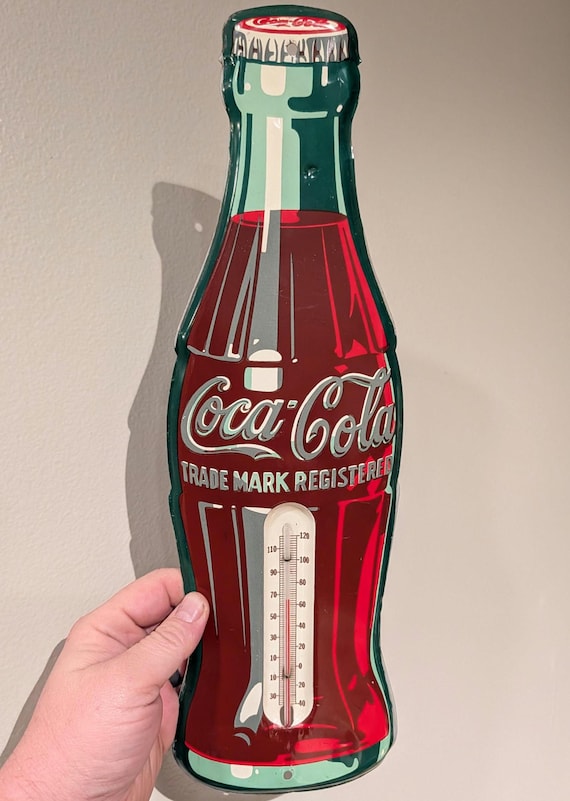 Original 1960's Coke Coca-cola Die Cut Bottle Thermometer - Metal