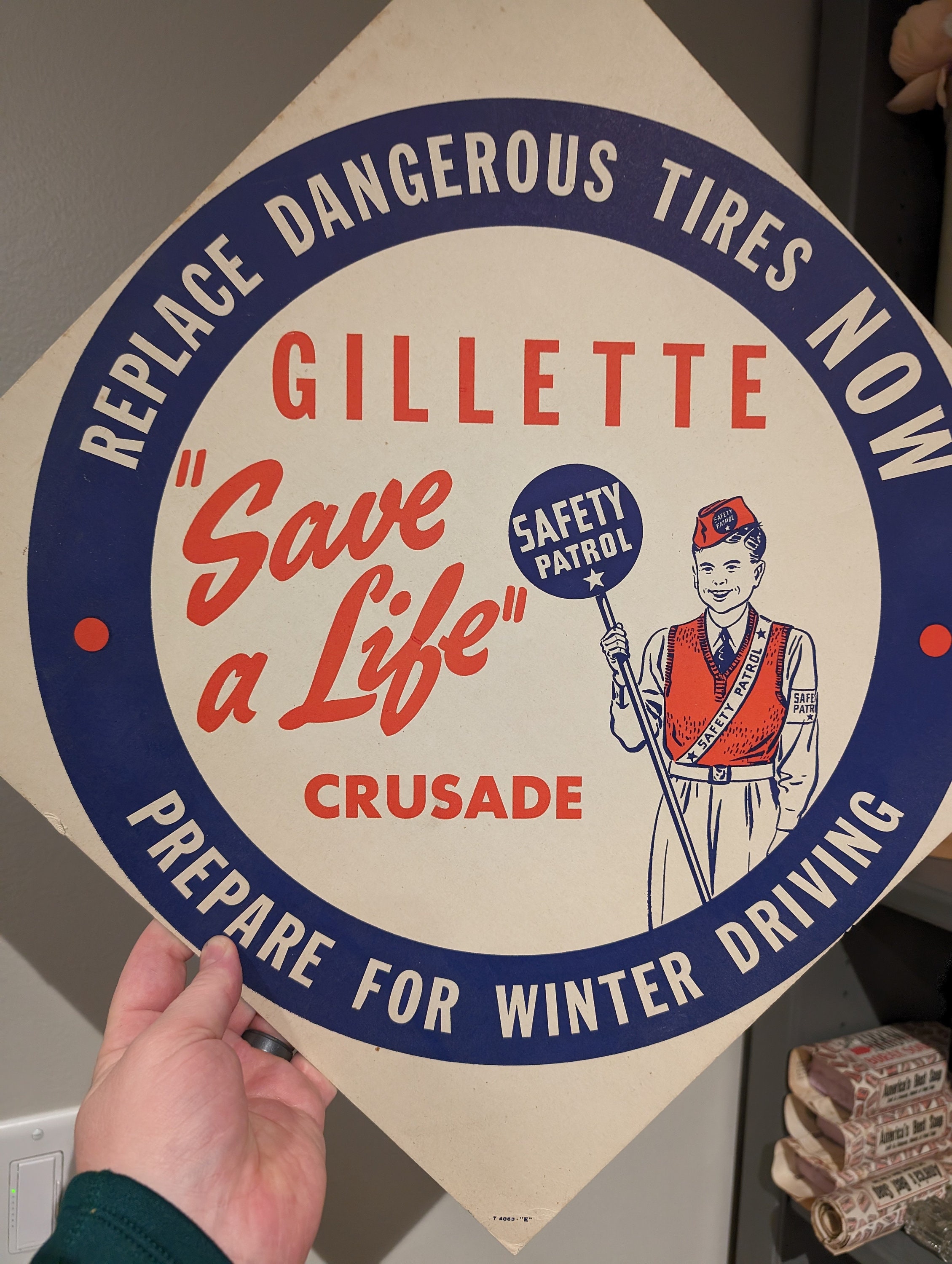 Original 1940's Gillette Safety Tires Cardboard Sign Vintage Gas