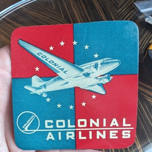 Colonial Airlines anni '50 - Etichetta gommata - Vecchia e originale - Adesivo vintage da viaggio o valigia