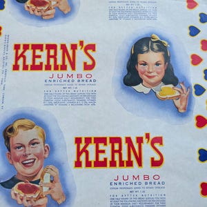 May include: Vintage advertisement for Kern's Jumbo Enriched Bread. The design features illustrations of children holding bread with butter and jam. The text includes nutritional information and the brand name in large red letters.